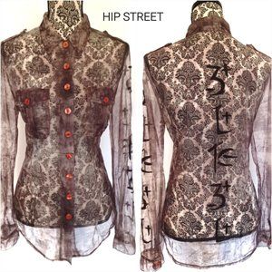 VASSALLI Italian Graphic Print Sheer Knit Chiffon Blouse Asian Characters 46 XL